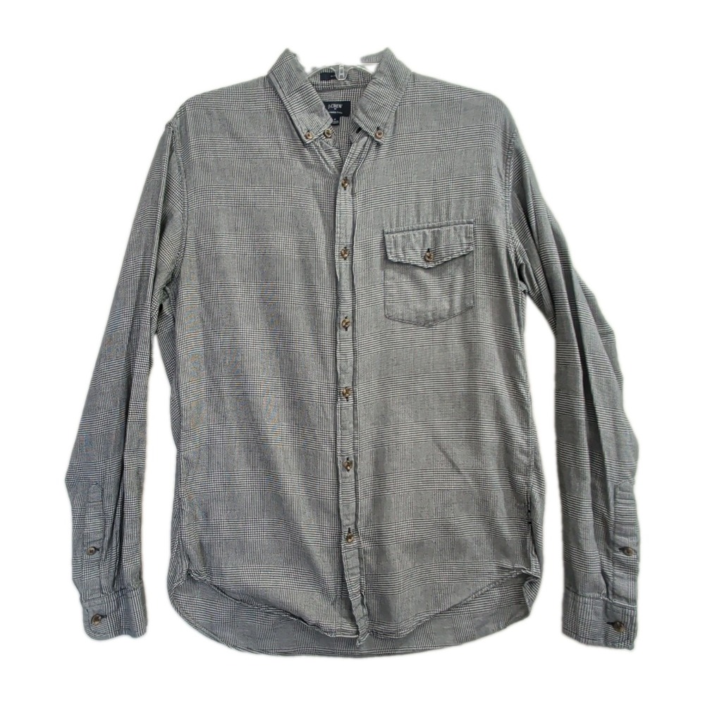 J Crew Brushed Twill Button Up Shirt Mens M Black Glen Plaid Long Sleeve Slim